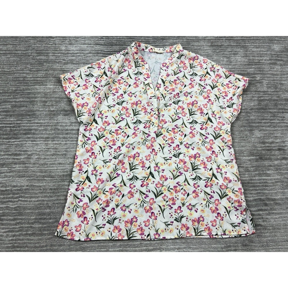 Zia Top Womens Small White Floral‎ Short Sleeve Vneck Casual